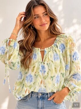 LOFT Floral Off-Shoulder Blouse SMALL NWT 2025 Green Blue $69.95 Flowy Loose fit